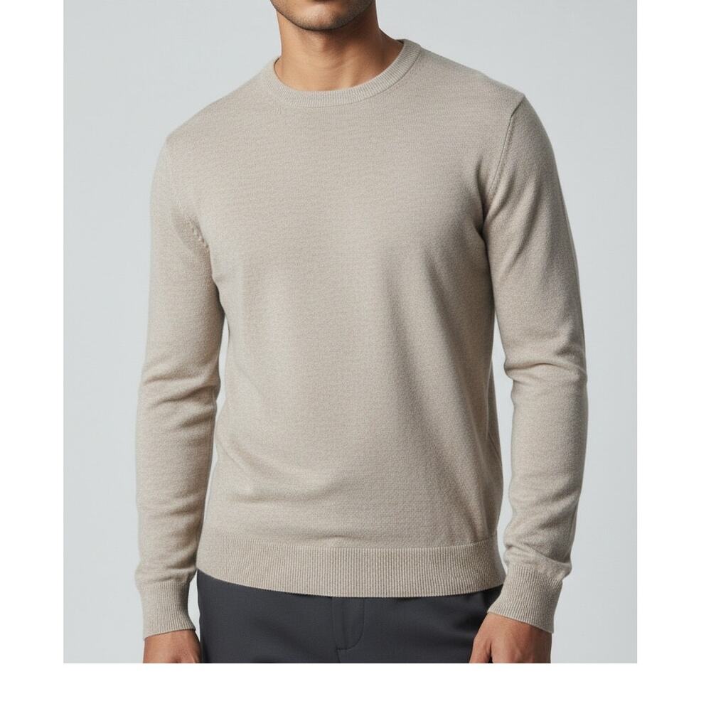 ZARA Mens Ribbed Hem Lightweight Long Sleeve Cotton Crew Neck Sweater M Cream
